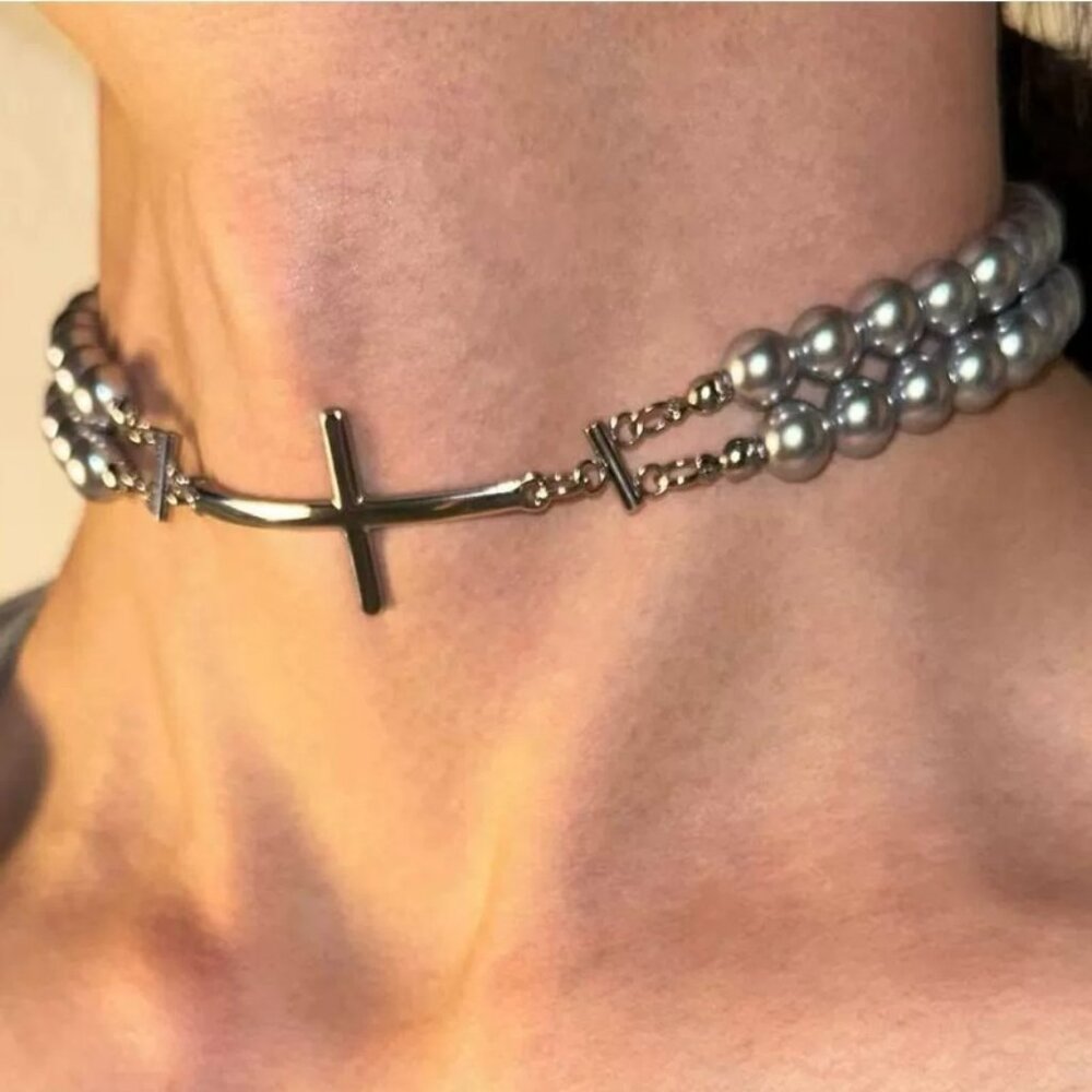 Silver pearl cross necklace
